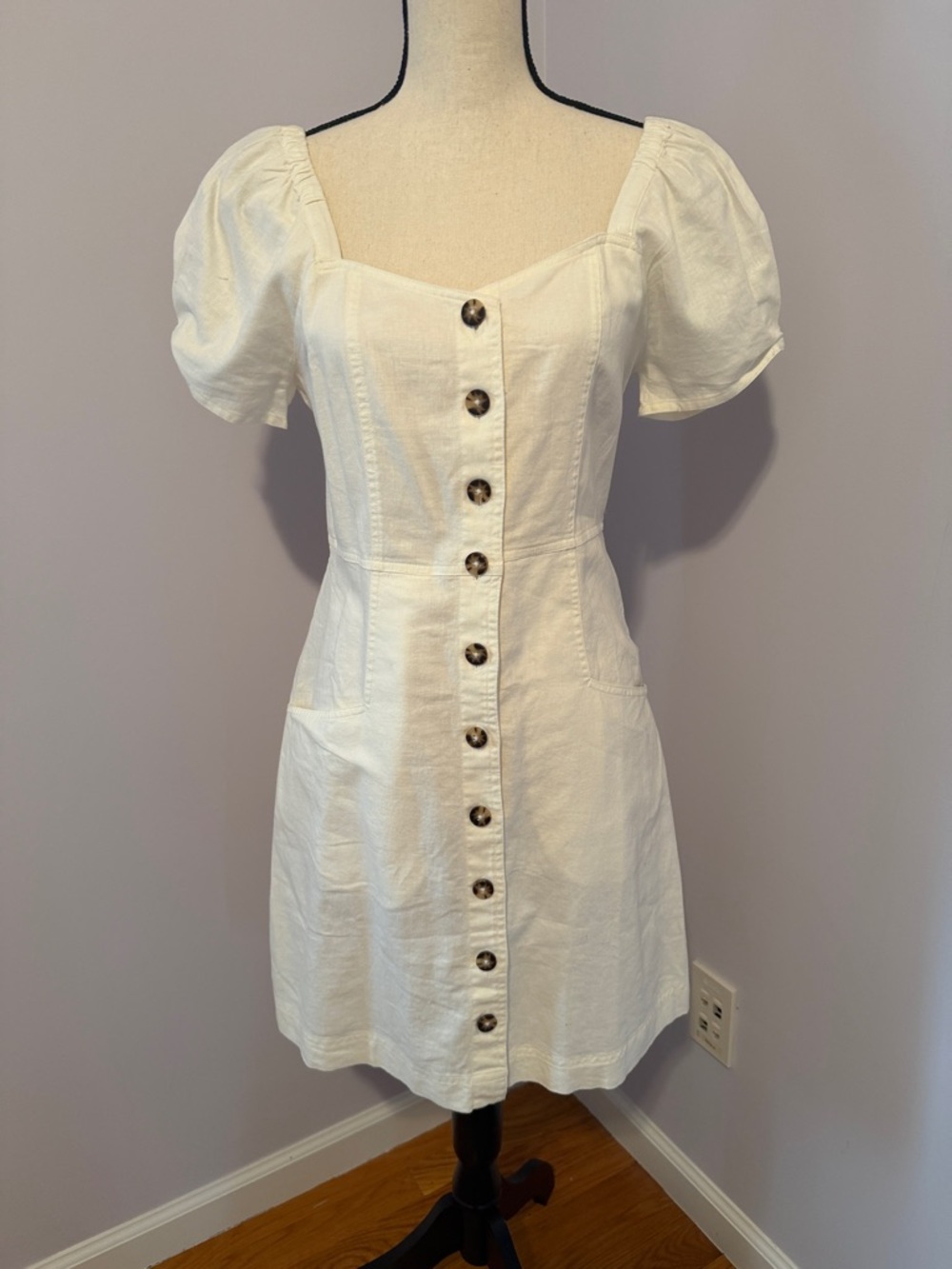 Madewell Classic Off-White Button-Front Puff Sleeve Dress